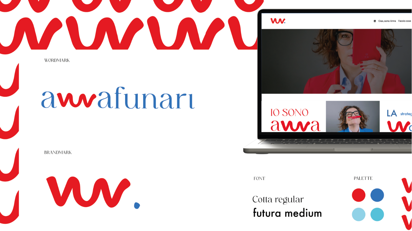 Sistema visivo Anna Funari con logo, brandmark, palette e sito web