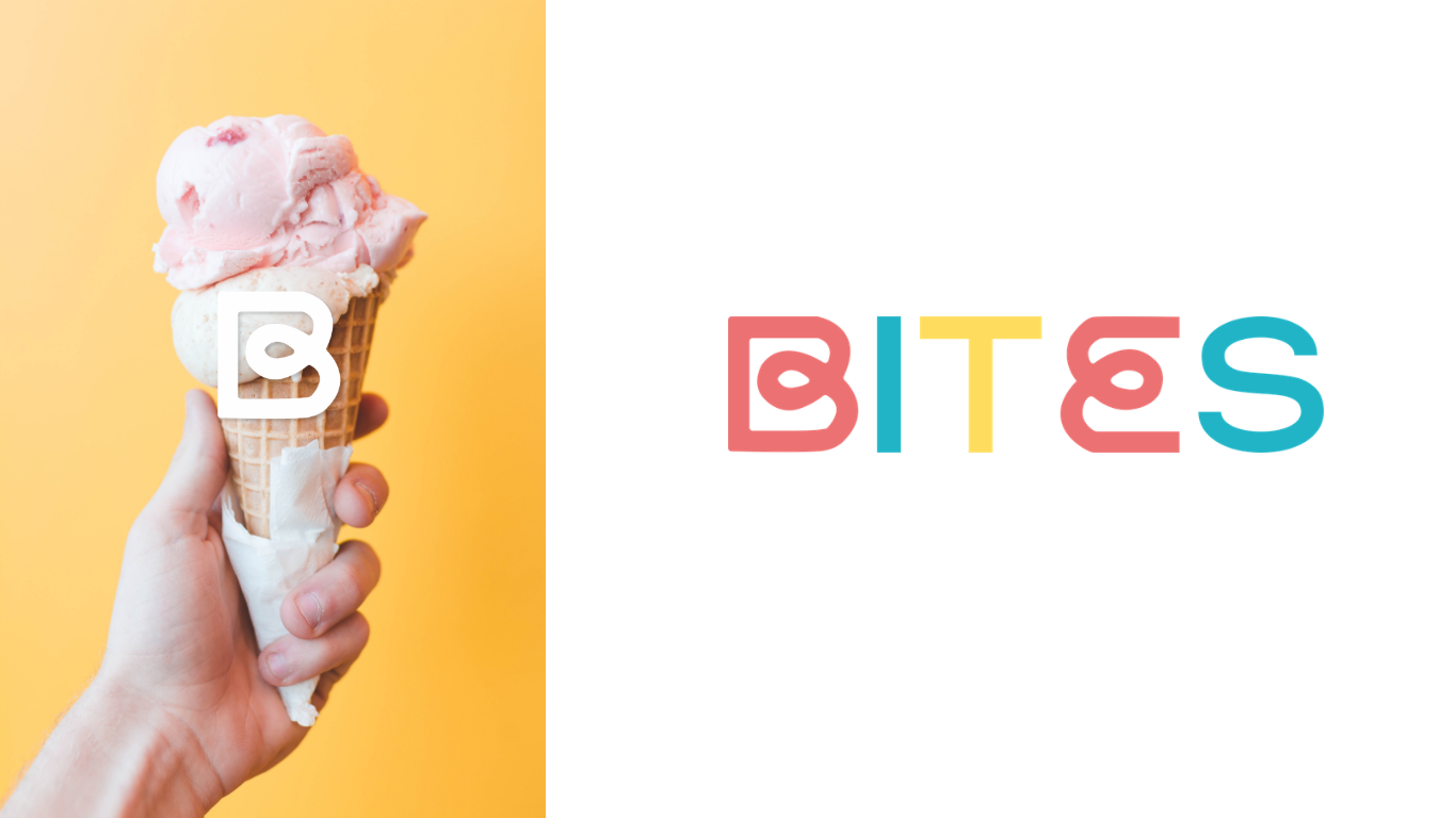 Logo colorato Bites e brandmark bianco su una fotografia di gelato