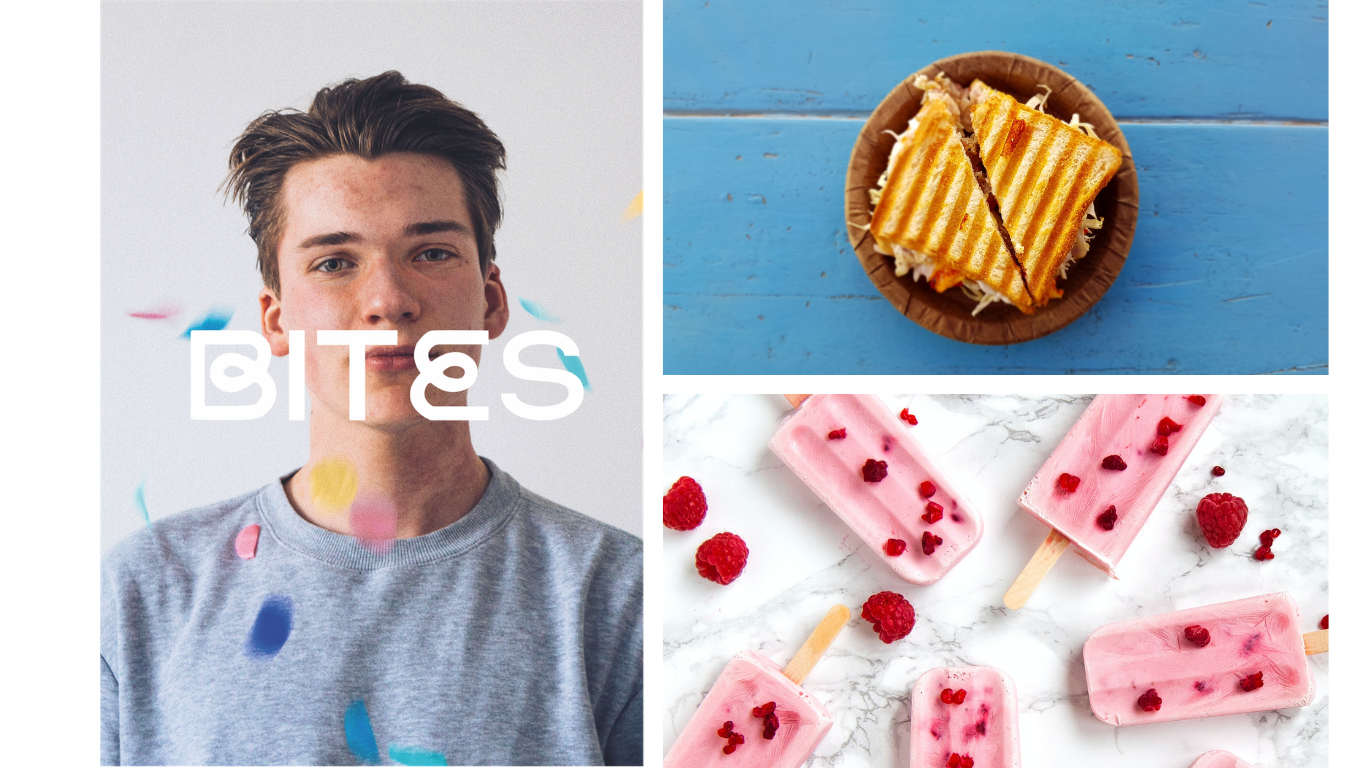 Logo Bites applicato a un ritratto con fotografie di toast e ghiaccioli
