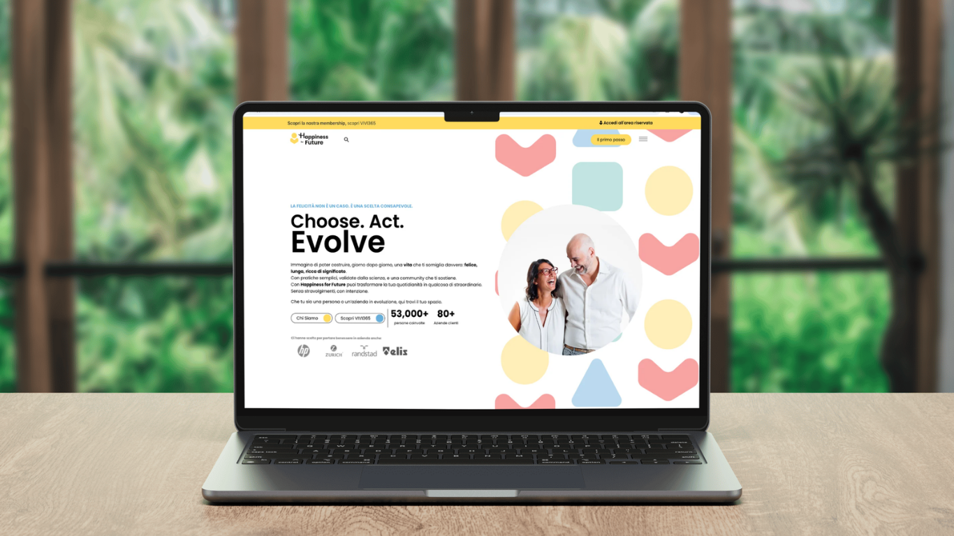 Homepage di Happiness for Future mostrata su un computer portatile