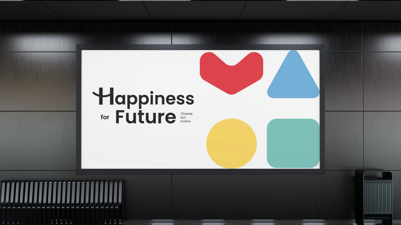 Logo Happiness for Future e forme colorate su un grande display
