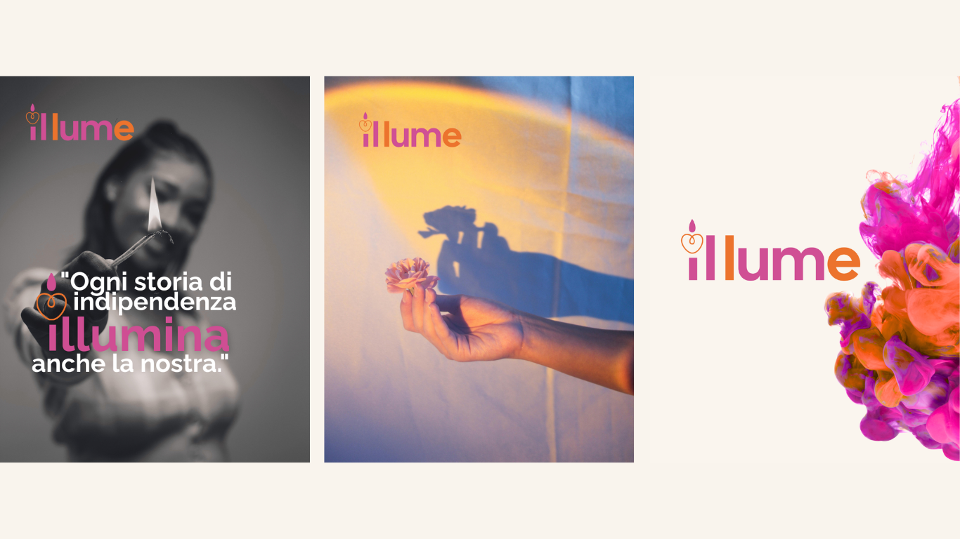 Tre applicazioni grafiche del logo Il Lume su fotografie e colori