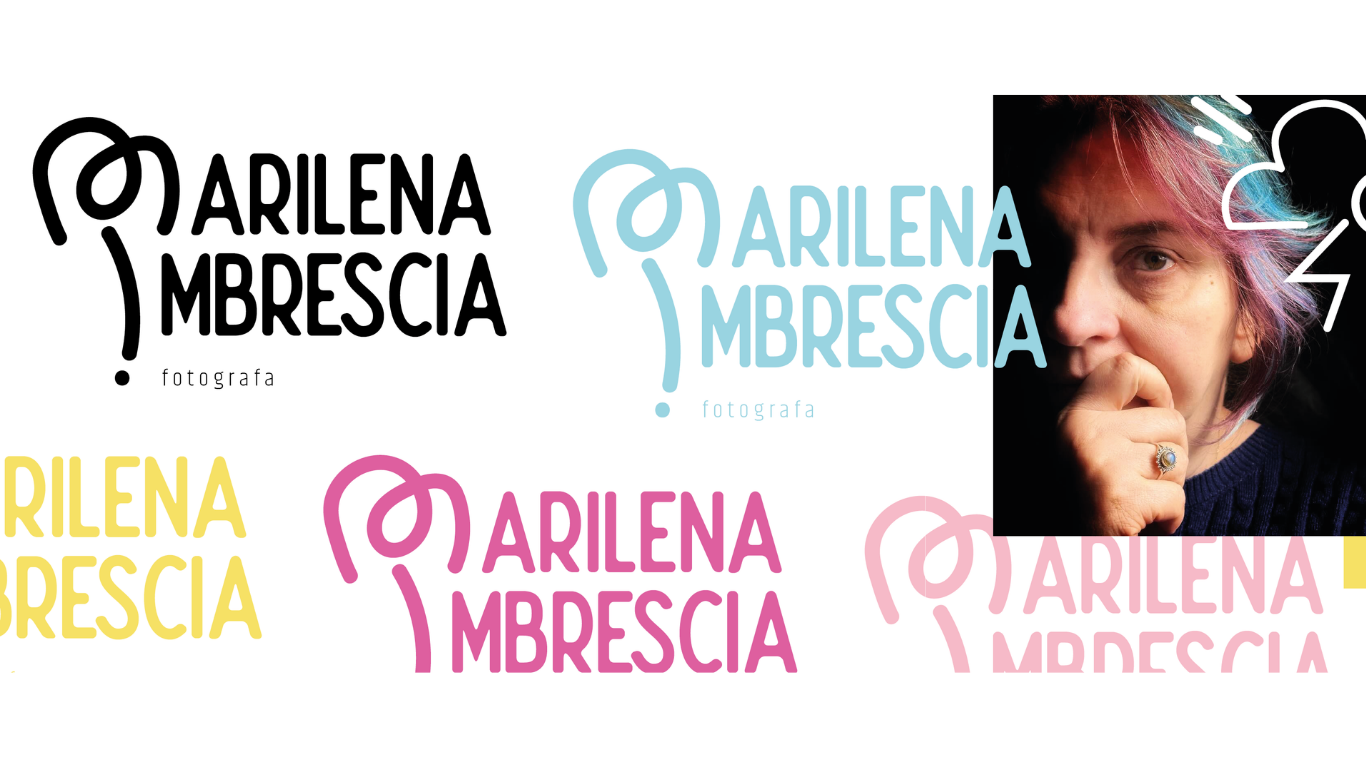 Logo Marilena Imbrescia fotografa in diverse varianti cromatiche accanto a un ritratto