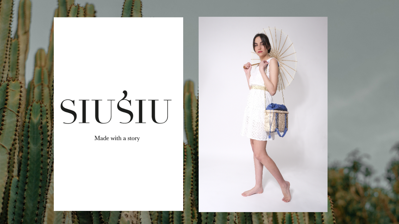 Logo SIUSIU Made with a story accanto a una fotografia di moda con borsa