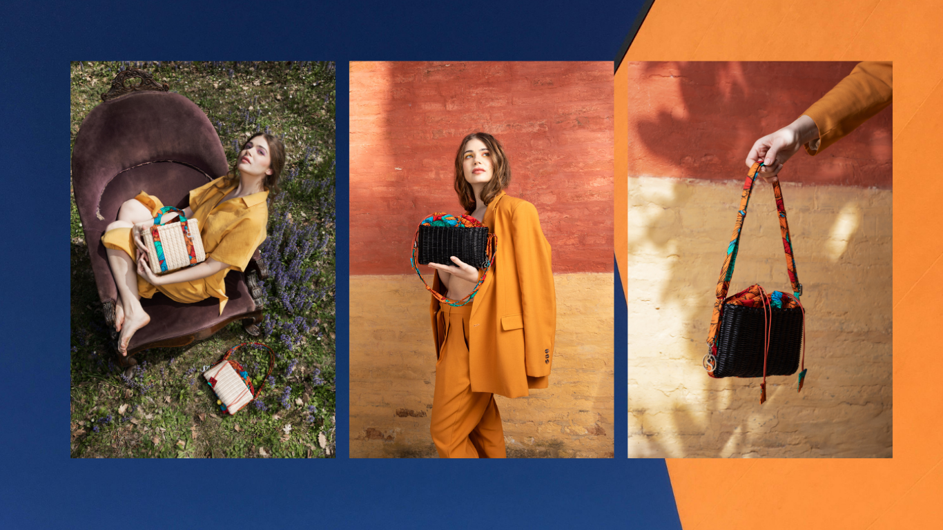 Tre fotografie di moda e borse SIUSIU su una composizione blu e arancione